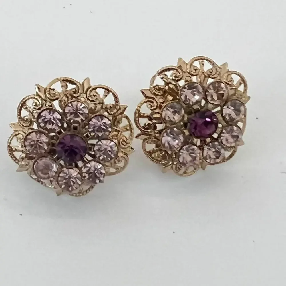 Vintage 60s Gold Filligree And Purple Rhinestone Clip On Earrings